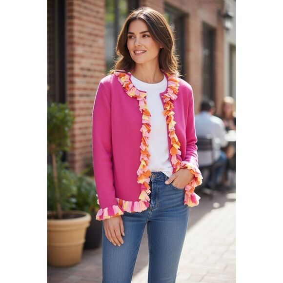 Mandal Bay Sweaters - Mandal Bay Hot Pink Orange Yellow Mesh Fringe Trim Button Cardigan Sweater SM P